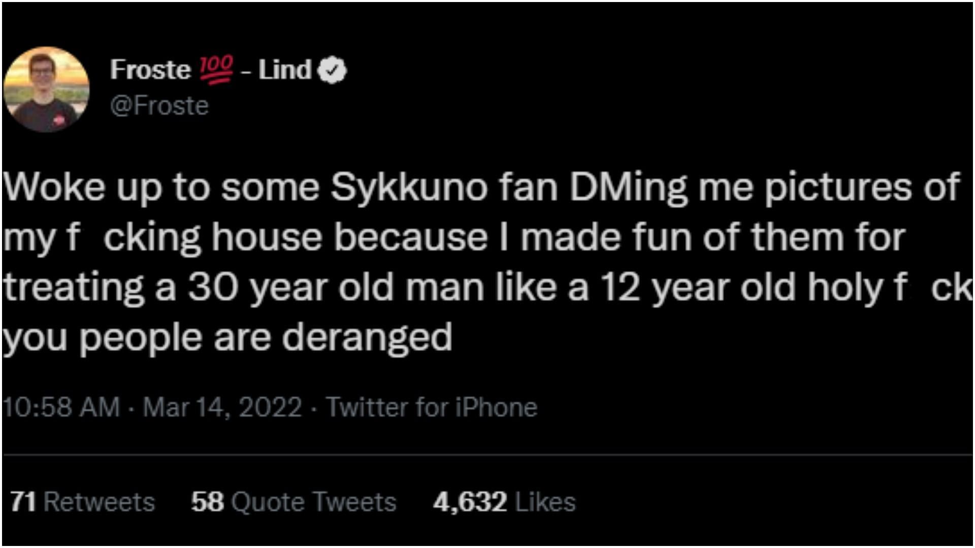 Tweet claiming that he was sent photo's of his home from a "Sykkuno fan" (Image via Twitter Froste)